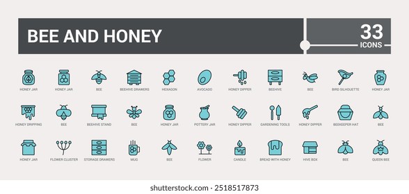 Colorful set of bee and honey icons. Color outline icon collection, line icons for web and ui. Vector illustration. Icon names are written in English.