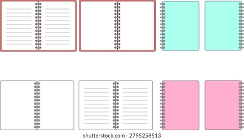 A colorful set of binder notebook memo frames featuring red, blue, and pink variations. Includes note pages, labels, banners, headers, and memo layouts suitable for schedules, checklists, organizers, school materials, office documents, and creative graphic projects. Vector illustration.