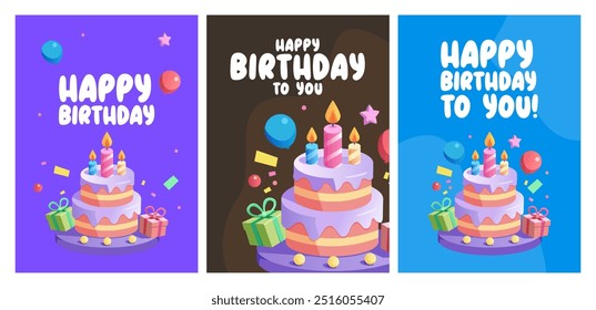 Colorful set birthday greeting cards, featuring layered cake with candles, presents, balloons, message Happy Birthday to You in playful fonts. Cards for celebratory birthday messages invitations.