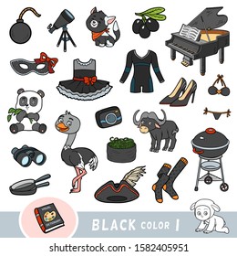 Colorful set of black color objects. Visual dictionary for children about the basic colors. Cartoon images to learning in kindergarten and preschool