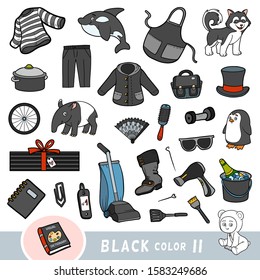 Colorful set of black color objects. Visual dictionary for children about the basic colors. Cartoon images to learning in kindergarten and preschool