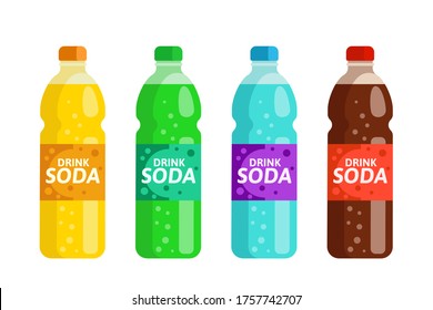 Colorful set of bottles of fizzy lemonade. Brown, yellow and green bottles of soda drinks. Vector illustration, flat design element, cartoon style. Isolated on white background.