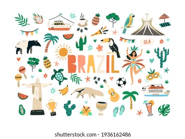 Colorful set of Brazilian culture and nature. Bundle of Brazil national symbols isolated on white background. Colored flat vector illustration of animals, plants, statues and food of Brasil