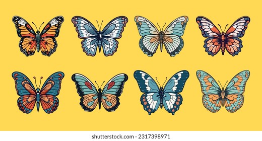 Colorful set of Butterflies vector illustration design isolated on yellow background