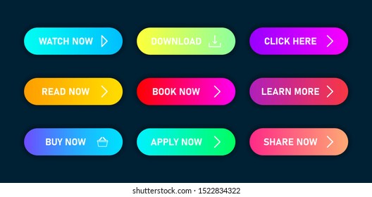 Colorful set of buttons with gradient and with multiple states for hover and click, isolated on dark blue background.