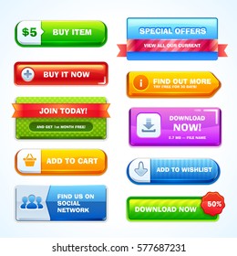 Colorido conjunto de Botones para el Sitio web o el App. Vector.
