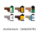 Colorful set of camera film rolls. 35mm film canister. 135 mm photographic roll film. Analogue photography. Vintage manual camera
