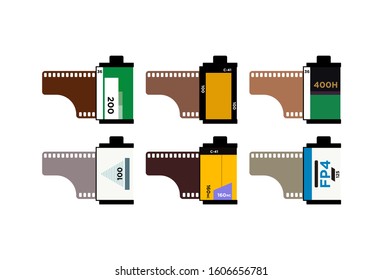 Colorful Set Of Camera Film Rolls. 35mm Film Canister. 135 Mm Photographic Roll Film. Analogue Photography. Vintage Manual Camera