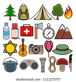 Colorful set for camping and hiking in modern flat design