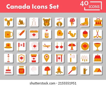 Colorful Set Of Canada Flat Icon Or Symbol On Square Background.