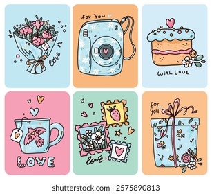 colorful set of cards with cute elements, cake and flowers for Valentine's day.