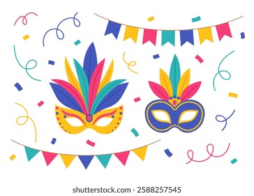 Colorful set with carnival masks with feathers, garlands and confetti. Masquerade accessories and decorations. Design for Brazil carnival, Venetian carnival, Mardi Gras. Vector flat illustration