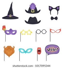 Colorful set with carnival masks and hats. Witch cap, glasses, beard, lips, speech bubble, cat ears and bow tie. Accessories for party and masquerade. Flat vector