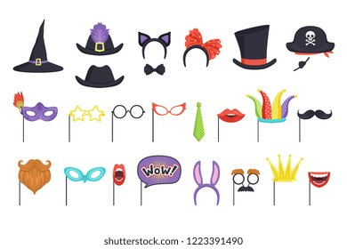 Colorful set with carnival masks and hats. Witch cap, glasses, beard, lips, speech bubble, cat ears and bow tie. Accessories for party and masquerade. Flat vector