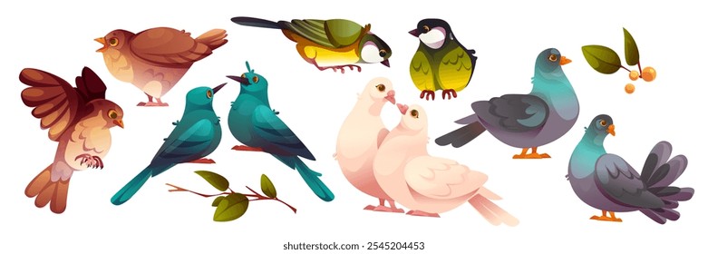 Colorful set of cartoon birds - brown sparrows, blue parakeets, white doves, yellow titmouse and grey pigeons. Feathered characters couples in different poses and leafy branches with berries.