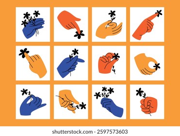 Colorful set of cartoon folded hands with flowers in flat style. Vector illustration of gesturing hands holding. collection of stickers for a holiday, birthday, Valentine's Day, Thanksgiving, March 8