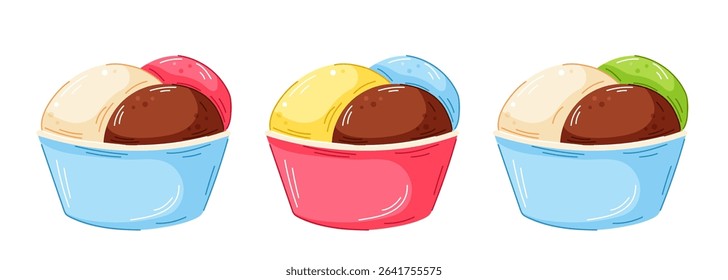 Colorful set of cartoon ice cream scoop in cup with different flavor chocolate, vanilla, strawberry, mango, blueberry and pistachio isolated on white background.