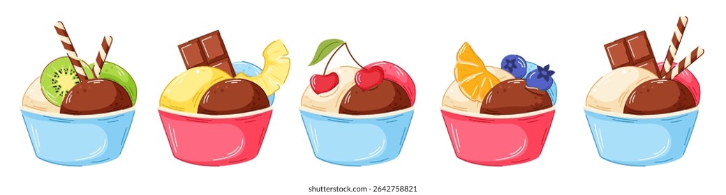 Colorful set of cartoon ice cream scoop in cup with fruit and berry isolated on white background. Kiwi, orange, cherry blueberry, wafer stick, chocolate bar, pineapple in cartoon style.