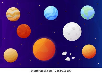 A colorful set of cartoon planets on a cosmic background. vector illustration. Planetarium, Cosmonautics Day, Astronomy Day