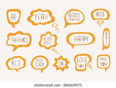 Colorful set of cartoon speech bubbles with dialog boxes with phrases: happy, thanks, love you, miss you, good morning on white background. Modern vector illustration