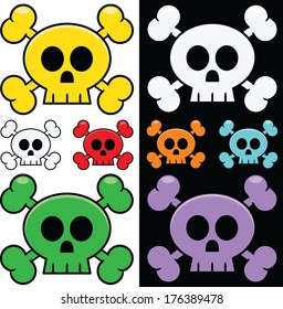 Colorful set of cartoon vector skull and crossbones.