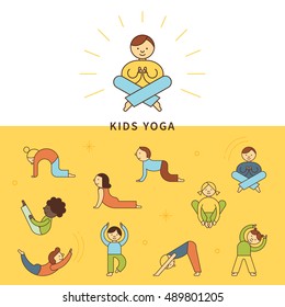 Colorful set cartoon yoga kid characters in flat style. Children yoga poses. Vector illustration