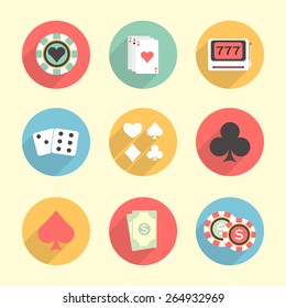 Colorful set of Casino elements including, poker chip, ace cards, slot machine, dices and cards symbols.