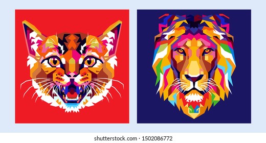 A colorful set of cat and lion heads. - Vector.