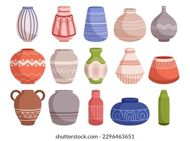 Colorful Set Of Ceramic Vases In Various Shapes And Sizes Perfect For Displaying Flowers And Foliage. Ideal For Adding A Pop Of Color And Style To Any Room. Cartoon Vector Illustration