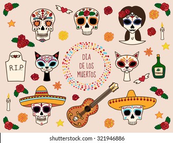 Colorful set characters for dia de los muertos (day the dead)   halloween  Skull in sombrero  guitar  cats  Catrina  tequila  flowers  tombstone  Vector eps10 