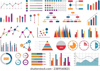 Colorido conjunto de gráficos para iconos de informe. Iconos planos de ilustración vectorial. Dibujo de mano