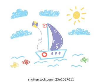 Colorful Set of Childish Drawings. Naive Pencil Sketches of Sailboat Fish Sea Sun Clouds and Kite. Bright Crayon Doodle Elements. Vector Flat Marine Illustration Isolated on White Background