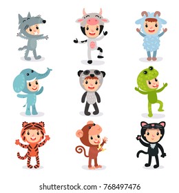 Colorful set of children in different animal costumes wolf, cow, sheep, elephant, panda, frog, tiger, monkey and cat. Kids wearing suits for party. Flat vector design