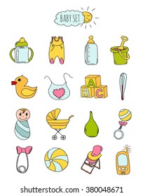 Colorful set of children's icons in hand drawn style. Accessories, clothing and toys for newborns 2. Vector illustration