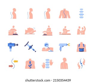 Colorful set of Chiropractic icons. Bright stickers with massage devices, corsets for curved spines and scoliosis. Treatment and prevention. Cartoon flat vector collection isolated on white background svg