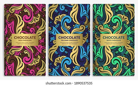 Colorful set of chocolate bar packaging design in abstract style. Vector luxury template with ornament elements. Can be used for background and wallpaper. Great for food and drink package types.