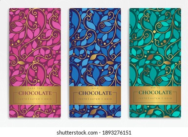 Colorful set of chocolate bar packaging design in abstract style. Vector luxury template with ornament elements. Can be used for background and wallpaper. Great for food and drink package types.