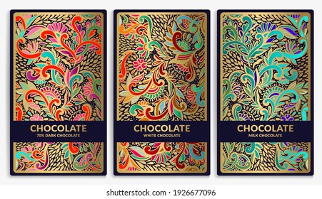 Colorful set of chocolate bar packaging design in abstract style. Vector luxury template with ornament elements. Can be used for background and wallpaper. Great for food and drink package types.