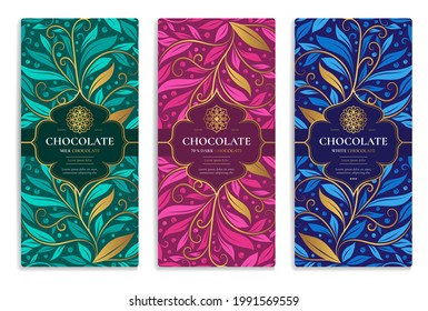 Colorido conjunto de embalajes de barras de chocolate con un estilo abstracto. Plantilla de lujo vectorial con elementos ornamentales. Se puede usar para fondo y fondo de pantalla. Ideal para los paquetes de comida y bebida.