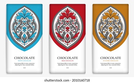 Colorful set of chocolate bar packaging design in abstract style. Vector luxury template with ornament elements. Can be used for background and wallpaper. Great for food and drink package types.