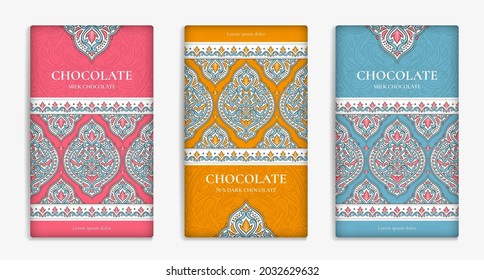 Colorful set of chocolate bar packaging design in abstract style. Vector luxury template with ornament elements. Can be used for background and wallpaper. Great for food and drink package types.