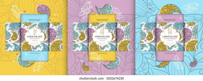 Colorful set of chocolate bar packaging design in abstract style. Vector luxury template with ornament elements. Can be used for background and wallpaper. Great for food and drink package types.