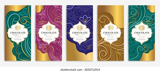 Colorful set of chocolate bar packaging design in abstract style. Vector luxury template with ornament elements. Can be used for background and wallpaper. Great for food and drink package types.