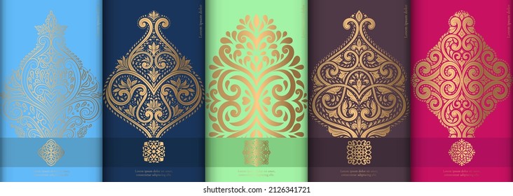 Colorful set of chocolate bar packaging design in abstract style. Vector luxury template with ornament elements. Can be used for background and wallpaper. Great for food and drink package types.