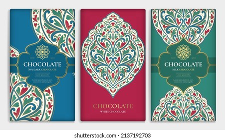 Colorful set of chocolate bar packaging design in abstract style. Vector luxury template with ornament elements. Can be used for background and wallpaper. Great for food and drink package types.