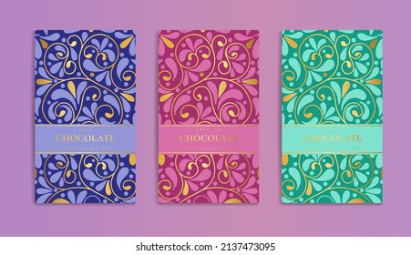 Colorful set of chocolate bar packaging design in abstract style. Vector luxury template with ornament elements. Can be used for background and wallpaper. Great for food and drink package types.