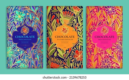 Colorful set of chocolate bar packaging design in abstract style. Vector luxury template with ornament elements. Can be used for background and wallpaper. Great for food and drink package types.