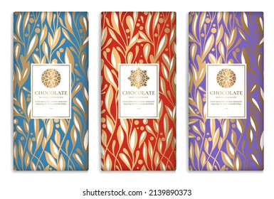 Colorful set of chocolate bar packaging design in abstract style. Vector luxury template with ornament elements. Can be used for background and wallpaper. Great for food and drink package types.