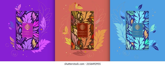 Colorful set of chocolate bar packaging design in abstract style. Vector luxury template with ornament elements. Can be used for background and wallpaper. Great for food and drink package types.