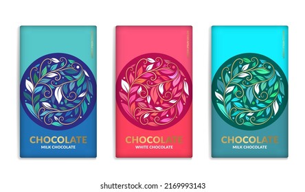 Colorful set of chocolate bar packaging design in abstract style. Vector luxury template with ornament elements. Can be used for background and wallpaper. Great for food and drink package types.